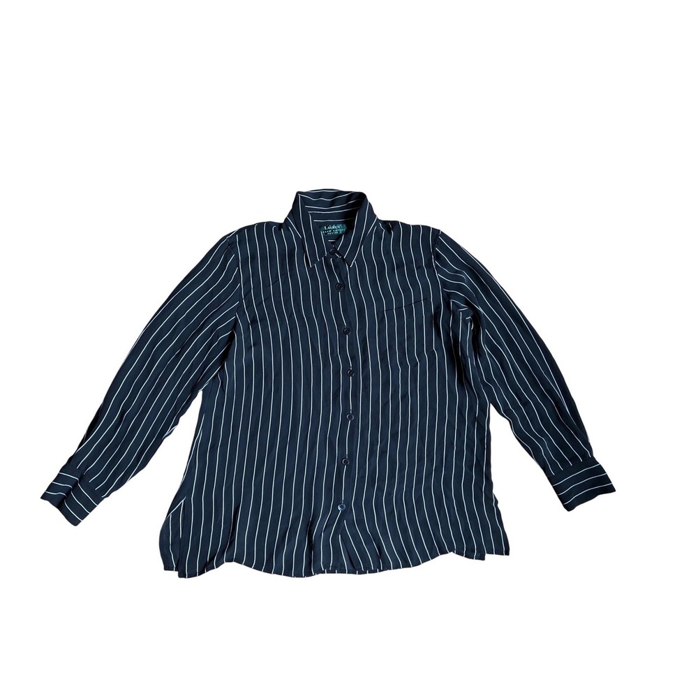 Lauren Ralph Lauren Petite Black White Pinstripe Button Down Blouse Shirt M